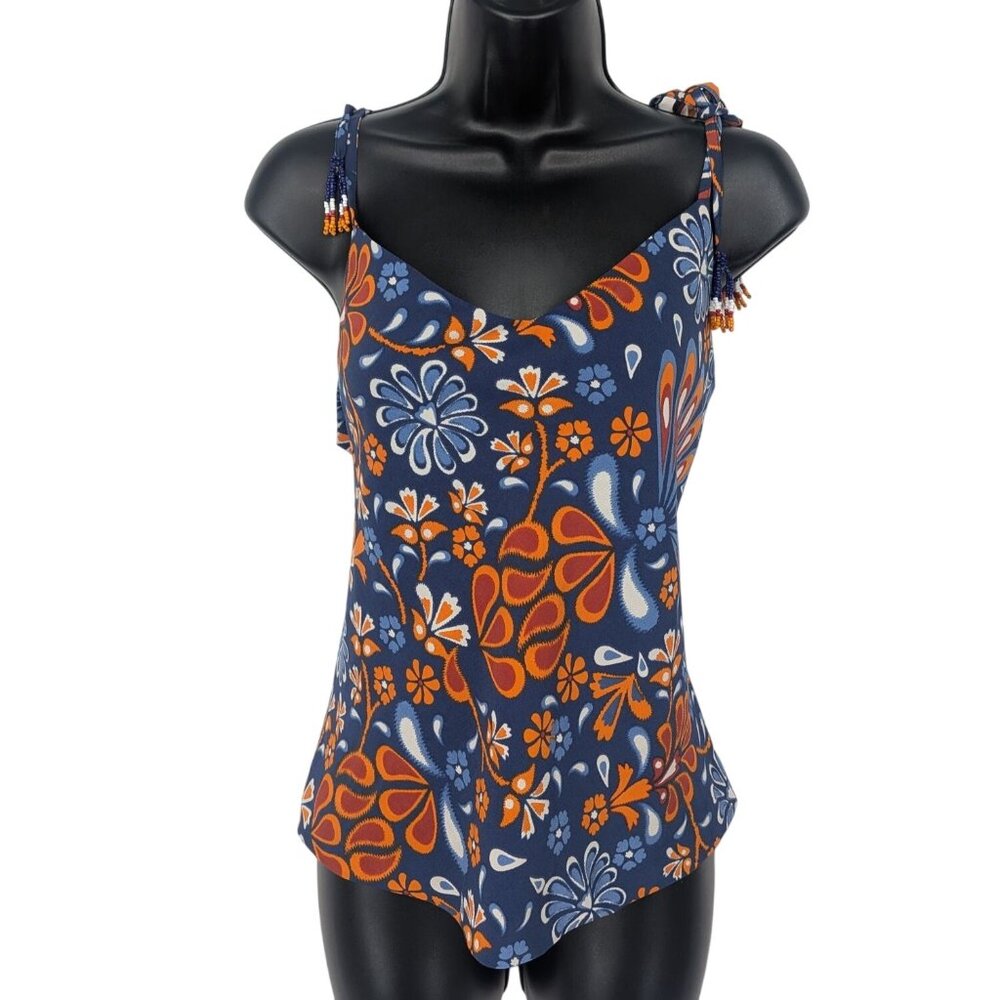 Boho Floral Tank Top Beaded Tie Straps Festival Hippie Resort Folk Artsy Size M